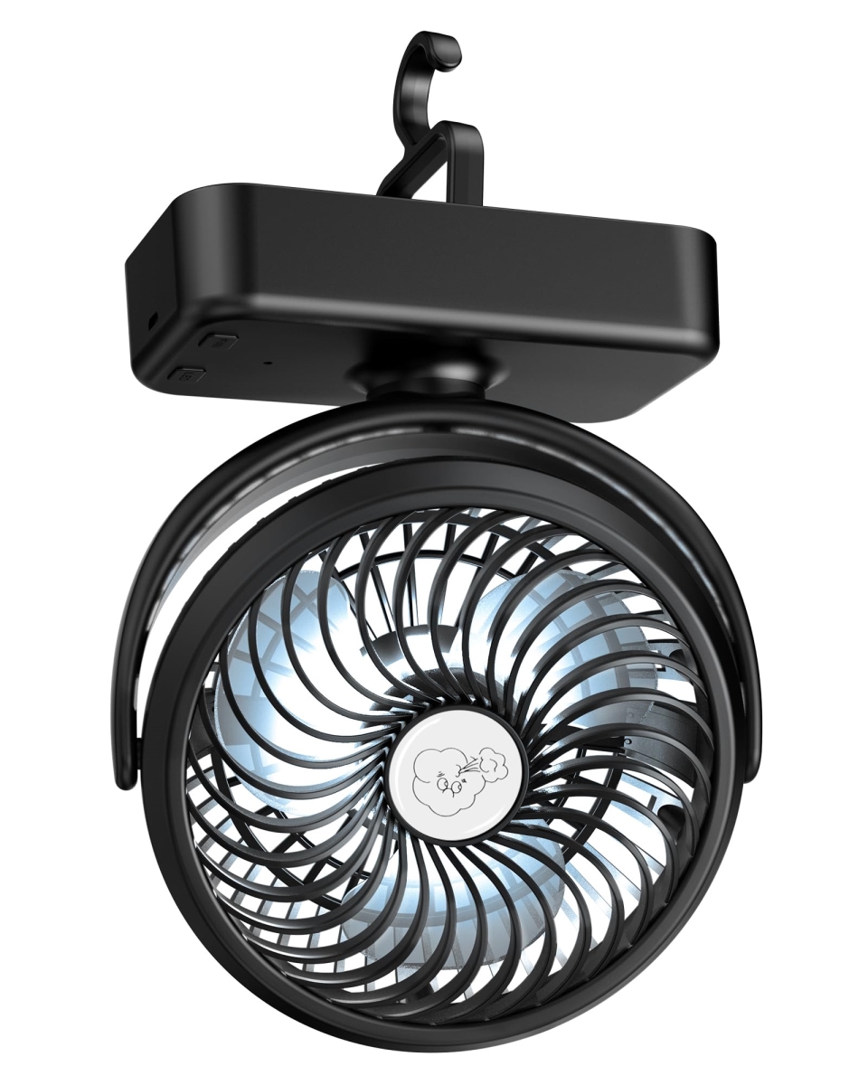 tek NT75255 Rechargeable USB Battery Small Portable Camping Fan with Hanging Hook, 40 Working Hours & LED Lights for Desk
