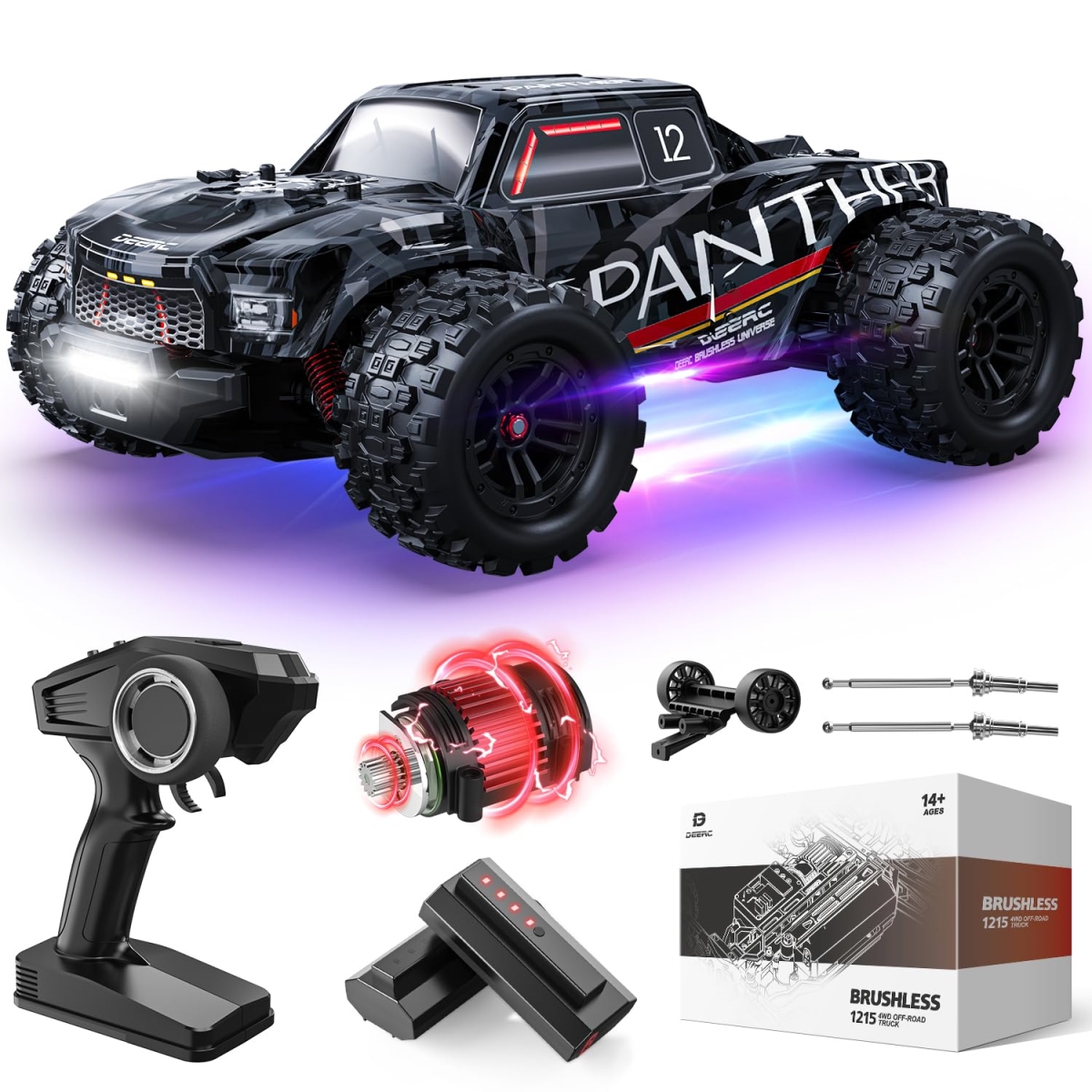 tek  DEERC 1-14 Scale Brushless 4 x 4 Off-Road Truck with 7 Light Modes, 70km-h Speed, 2 Li-ion Batteries - Large Truggy for Snow & Sand