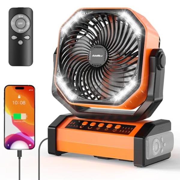 tek  20000mAh Rechargeable Battery Operated Camping Fan with Light & Remote - Auto Oscillating, 4 Timer, 60 Hours Work Cordless Fan for Travel