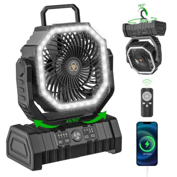 tek NT76017 8 in. 20000mAh Auto-Oscillating Battery Operated Rechargeable Camping Fan with LED Lantern, Remote & Hook - Black