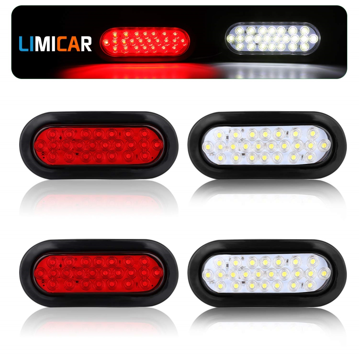 tek NT76369 6 in. Limicar Oval 24 LED Flatbed Trailer Lights for Trucks, Trailer, Bus, RV, Jeep, Pickups & Camper - Red & White