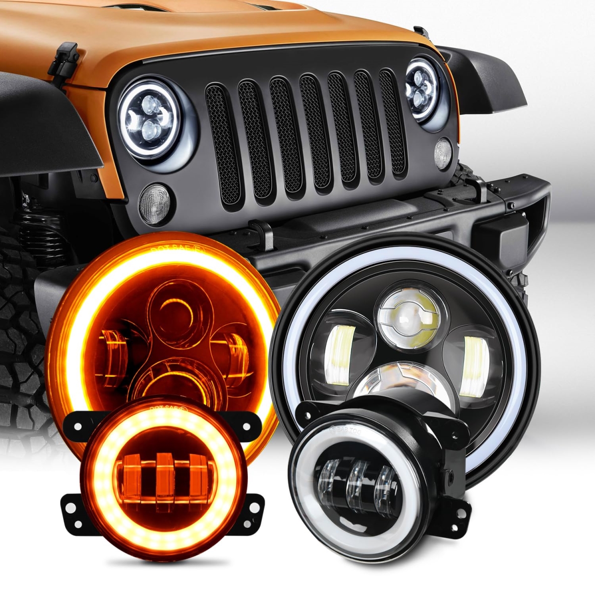 tek NT76494 7 in. Nilight Round LED Halo Headlights & 4 in. Fog Lights with Turn Signal - DRL High Low Beam for 2007-2018 Wrangler JK - Amber & White