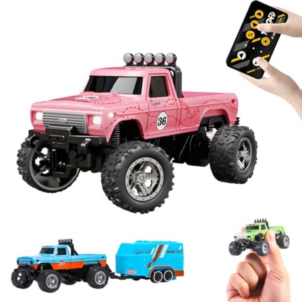 tek NT77204 1-64 Scale 2.4GHz Mini Alloy Monster Remote Control RC Truck with Lights, Speed & Steering Adjustable, Pink