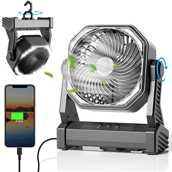 tek  Camping Fan with LED Lantern - 20000mAh Rechargeable Battery Operated & Portable with Hook, 270 deg Rotation, 4 Speeds & 3 Brightness