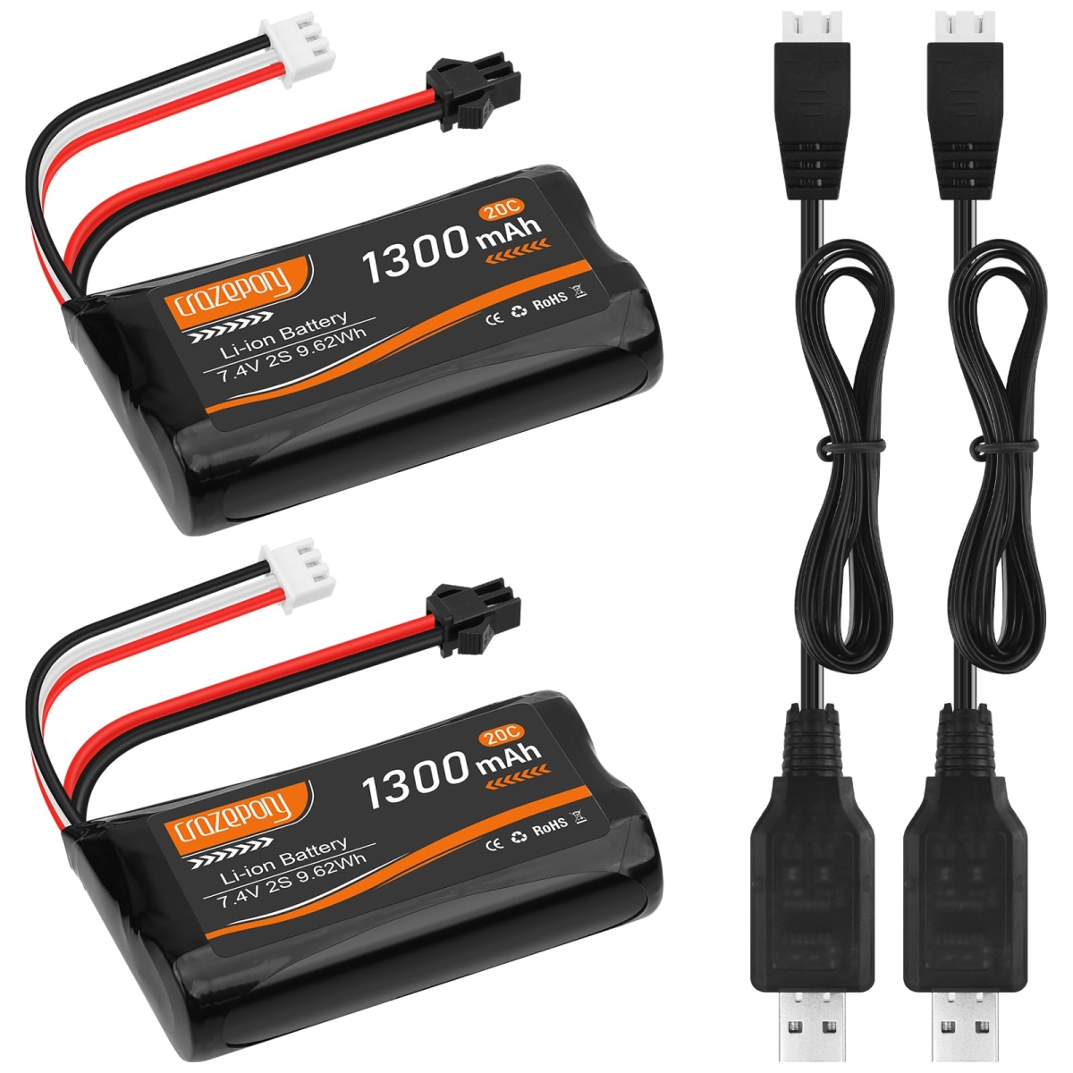 Picture of tek NT77769 Crazepony 7.4V 2S 1300mAh Li-ion Rechargeable Battery with SM3P Plug & Charger Cable Replacement for RC Vehicle Stunt Toy Car - Pack of 2