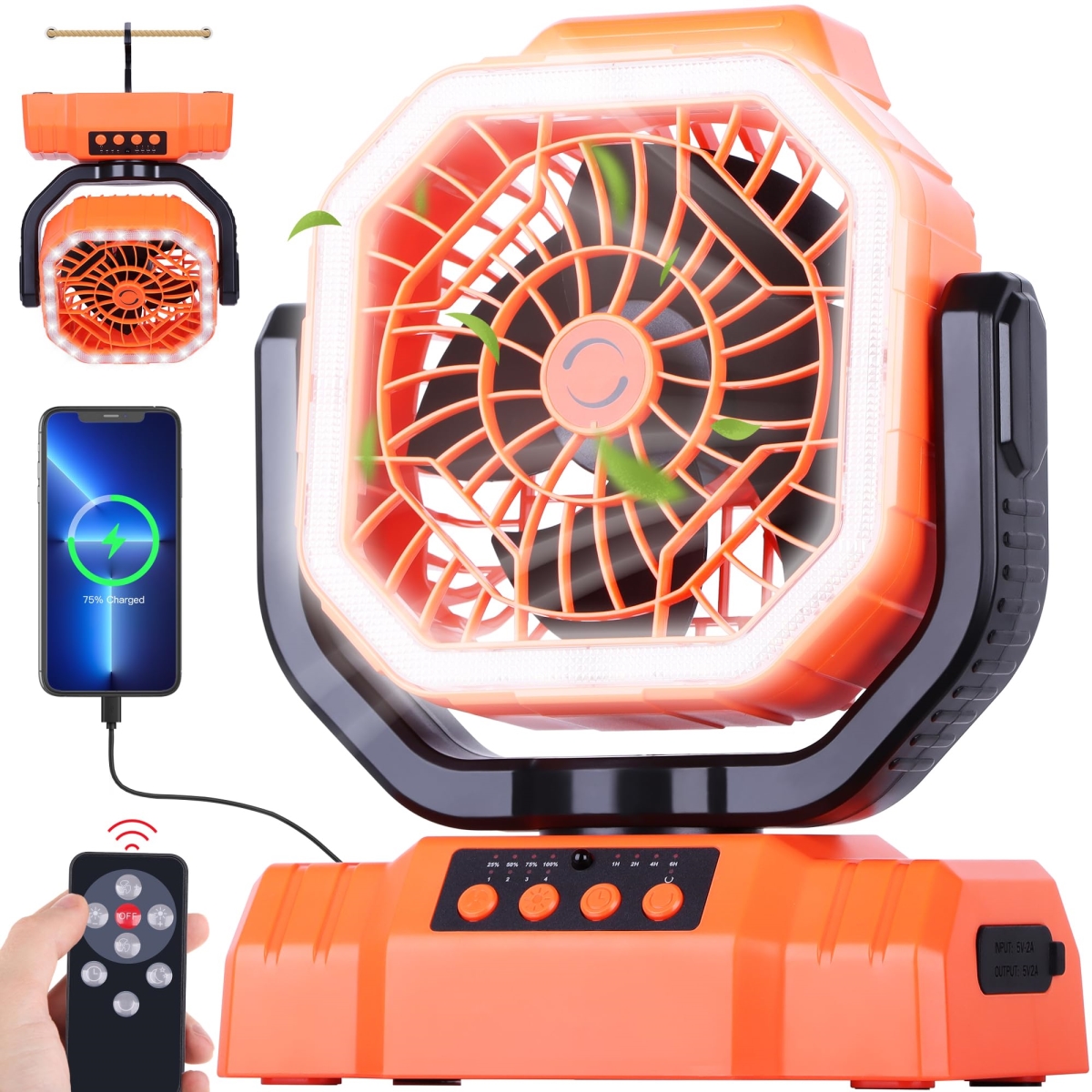 tek NT78065 AVV 20000mAh High Speed Portable Auto Oscillating Rechargeable Battery Powered Camping Fan with Remote Control, Orange
