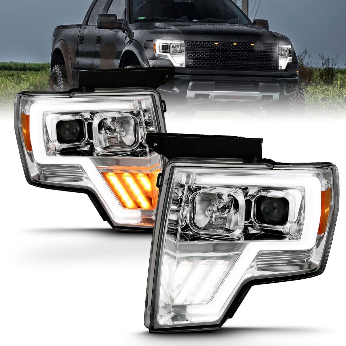 tek  UNO1RC AmeriLite Replacement Headlights Assembly for 2009-2014 Ford F150 Switchback LED Tube Quad Projector Chrome Set - Passenger & Driver Side