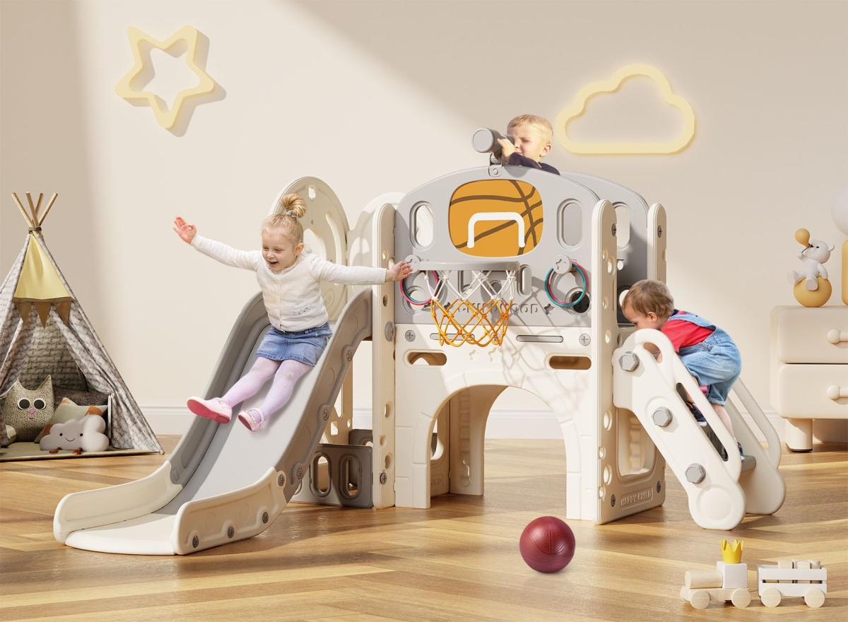 Picture of tek NT80292 BIERUM 9-in-1 Kid Slide with Ring Toss&#44; Basketball Hoop&#44; & Telescope&#44; Indoor Outdoor Playground Playset for Toddlers Age 1-3&#44; Beige & Grey