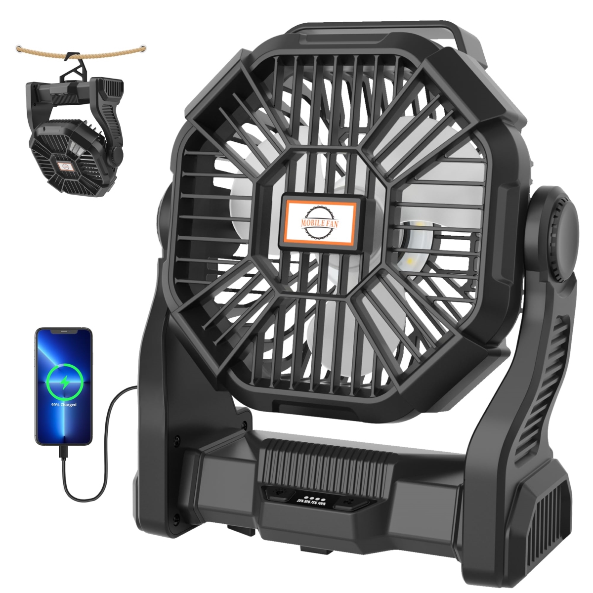 tek NT80299 Rechargeable & Portable USB Personal Battery Powered Camping Fan for Tent with LED Light & 270 deg Pivot - Black