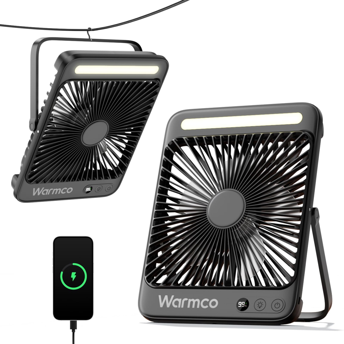 tek NT80453 8 in. 20000mAh Quiet Thin Battery Operated Portable Camping Fan with 15-48H Runtime, LED Light & Digital Display for Travel