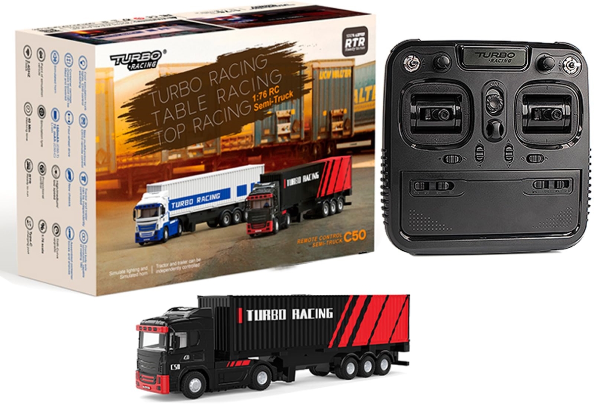 tek NT80665 Turbo Racing 1-76 C50 RTR Tractor Remote Control Truck Four-Wheel Drive Simulated Headlights 10CH Minicar Model, Black & Red