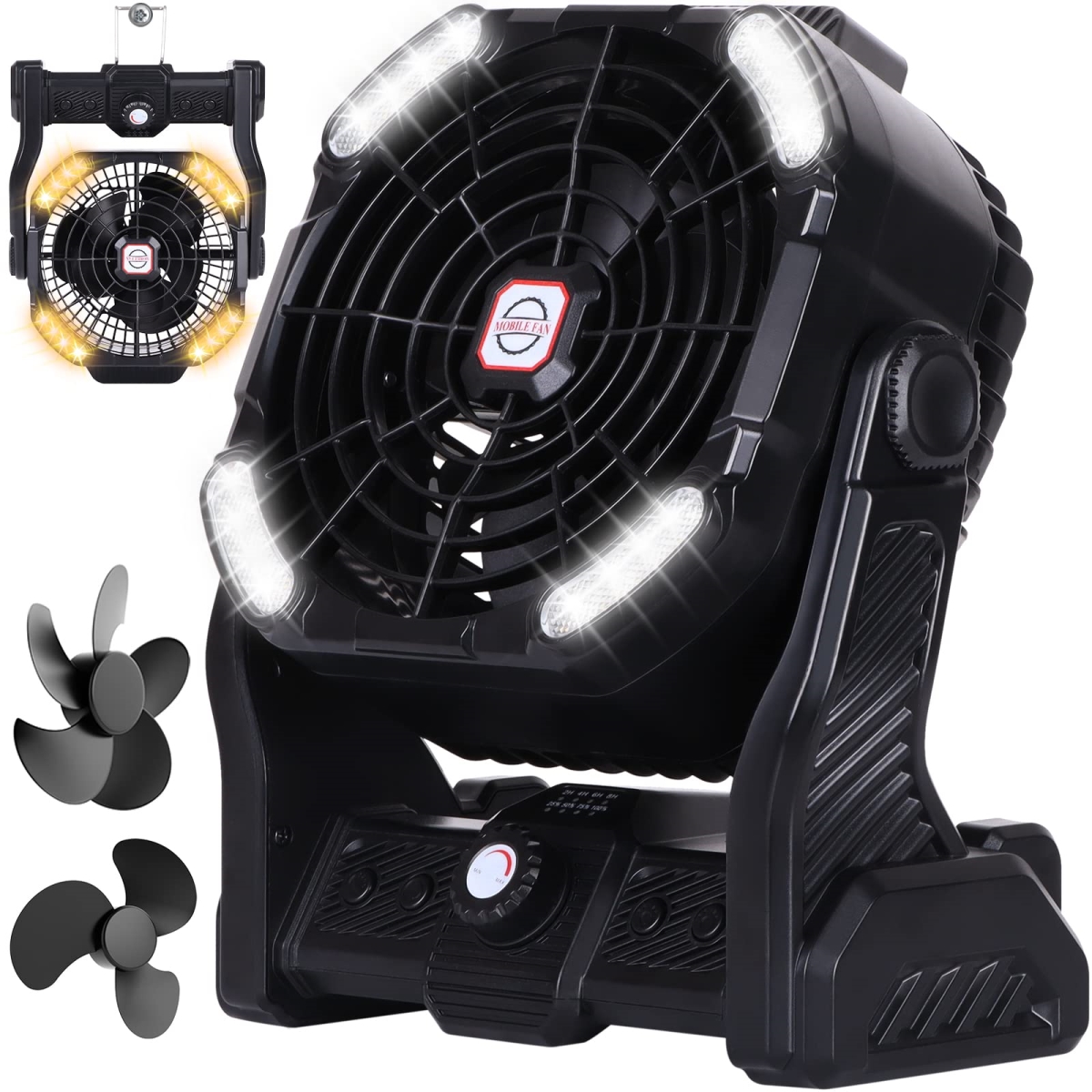tek NT80921 Runtop 20000mAh USB Rechargeable Battery Operated 2-Blade Camping Fan with 2-Color LED Light & Hook