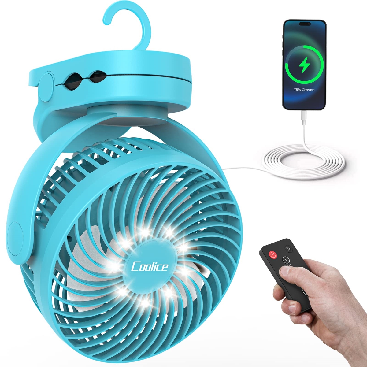 tek NT80946 65 Hours 12000mAh Rechargeable Camping Fan with Remote Control, 3 Speeds, Timing, Battery Powered, Light & Hook, Blue