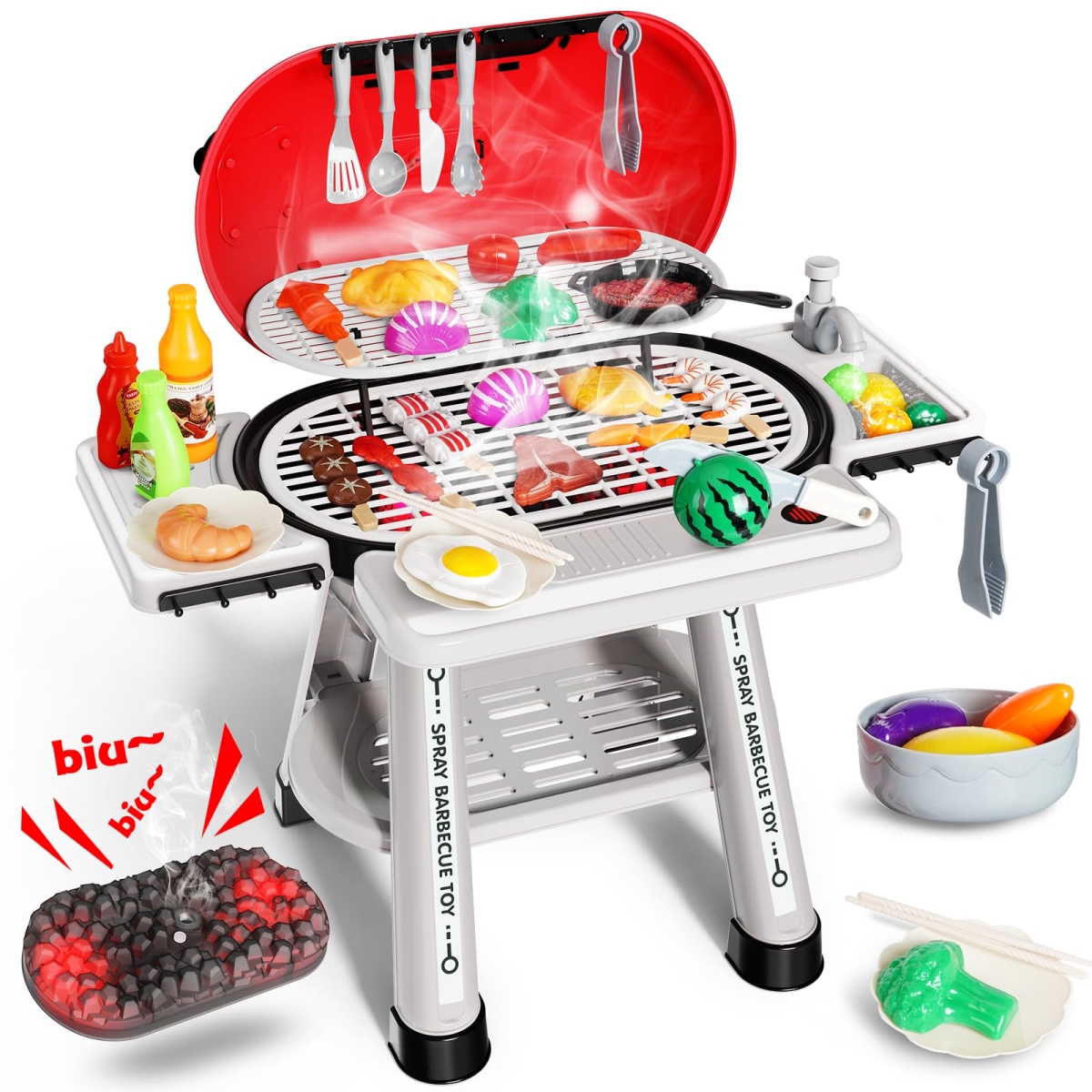 Picture of tek NT81683 Kids BBQ Grill Indoor & Outdoor 2-Layer Barbecue Cooking Kitchen Toy Playset with Fake Smoke Lights&#44; Sounds & Sink for Boys & Girls
