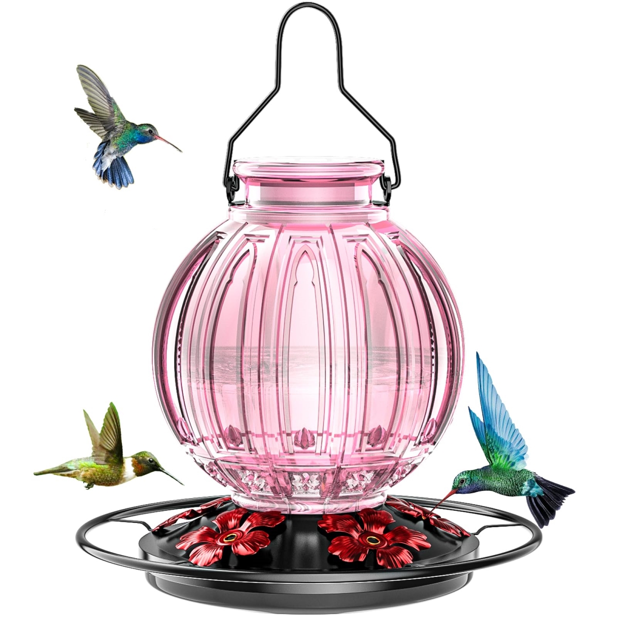 Picture of tek NT82482 Glass 26 oz Hummingbird Nectar Feeder with Perch & 5 Flower Feeding Ports for Outdoors Hanging&#44; Leak-Proof for Garden&#44; Backyard&#44; Gifts for Women Mom&#44; Pink