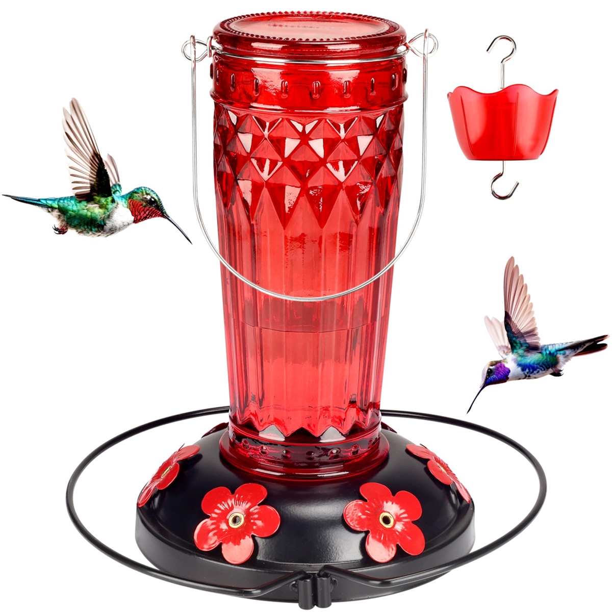 Picture of tek NT82748 16 oz 6 Feeding Ports Glass Hummingbird feeders for Outdoors&#44; Wide Mouth for Easy Filling&#44; Cleaning&#44; Hanging for Garden Backyard Decor&#44; Includes Ant Moat - Red