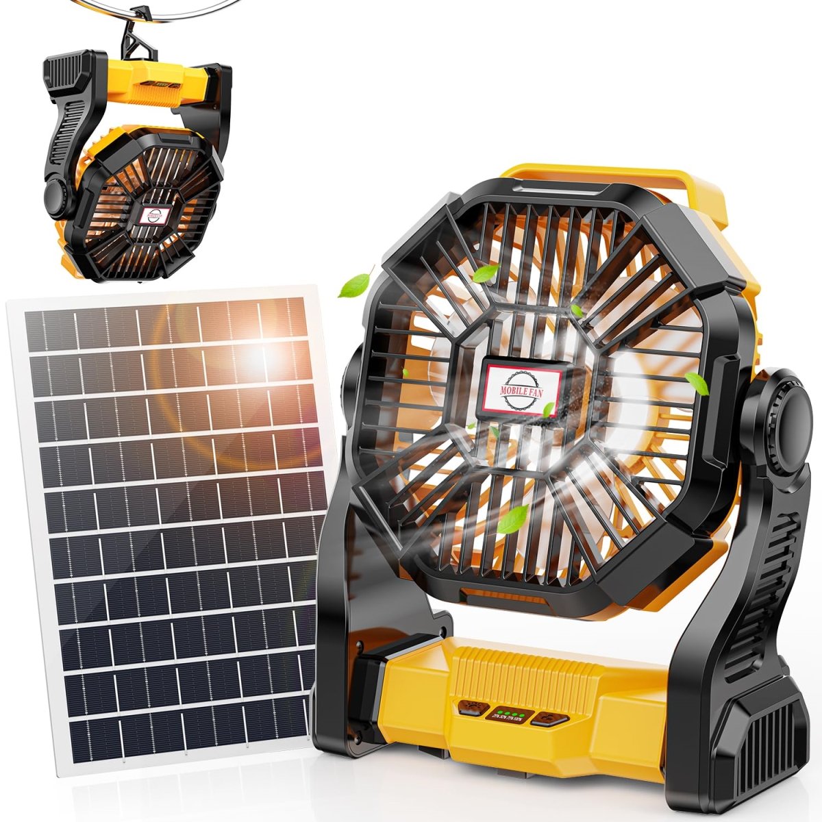Picture of tek NT82788 10400mAh Rechargeable Solar Powered Portable Battery Operated Camping Fan with 7W Solar Panel & LED Lantern for Outdoor & Indoor