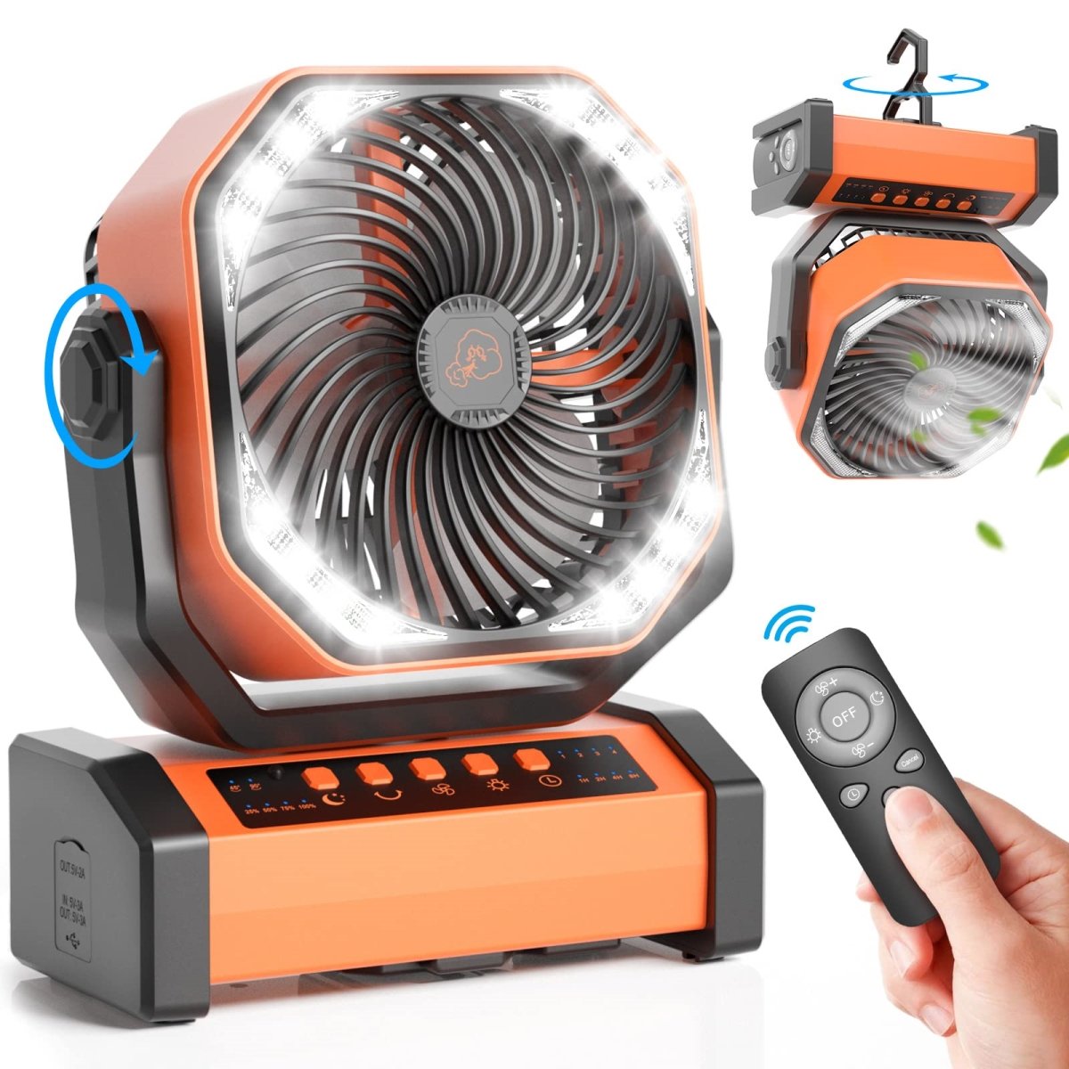 Picture of tek NT83203 Vidihill 20000mAh Auto-Oscillating Rechargeable Battery Operated Camping Fan with LED Light&#44; Remote & Hook&#44; Timer & 4 Speeds for Travel