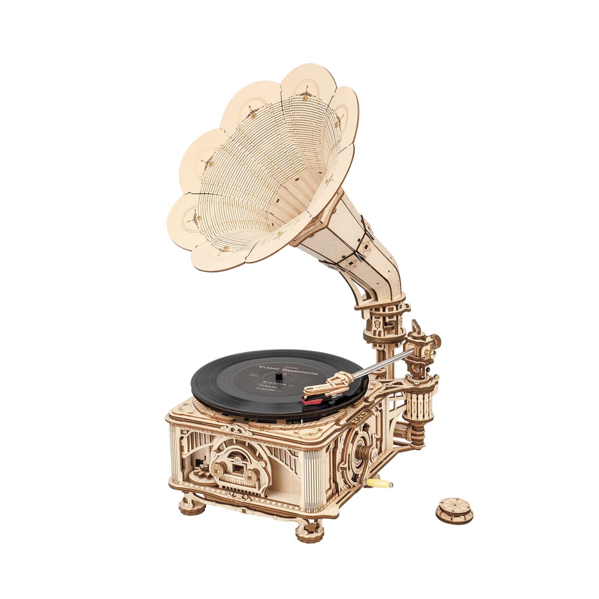 Picture of tek NT83357 ROKR 3D Wooden Puzzles Gramophone 1-1 Scale&#44; 7&#44; 10 Replica Record Player Support DIY Mechanical Model Kit Vinyl Building Home Decor Gift Hobbies for Adults