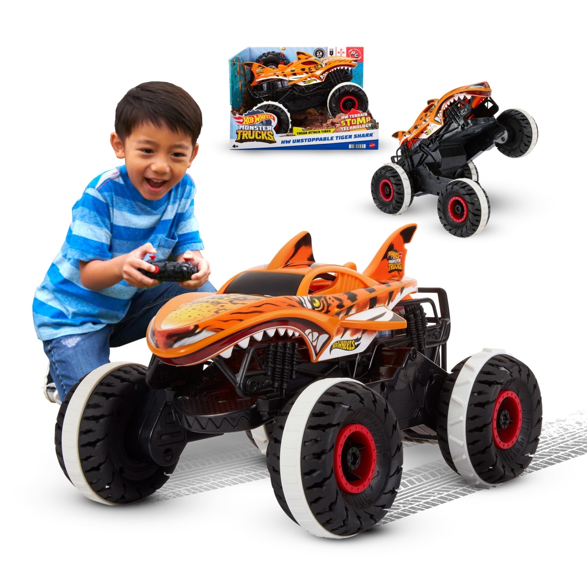tek NT79279 UNO1RC Hot Wheels RC Toy, Remote-Control Monster Trucks Unstoppable Tiger Shark in 1-15 Scale with Terrain Action Tires
