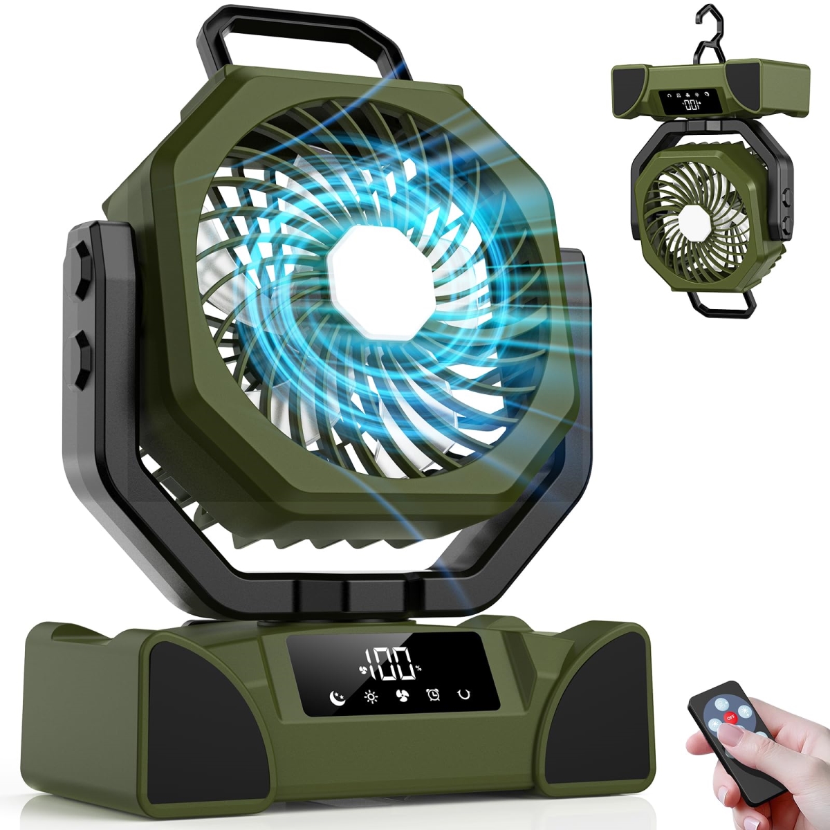 tek NT79391 3-in-1 20000mAh Strong 5 Speed Cordless Battery Powered Rechargeable Portable Camping Fan with LED Light & Display Screen, Green