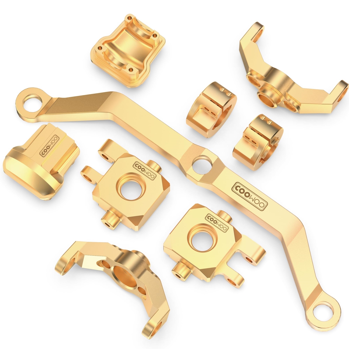 Picture of tek NT79627 COOWOO RC Brass Upgrade Parts Set for 1-18 Scale TRX-4M RC Crawler Cars with Caster Blocks&#44; Steering Knuckles&#44; Diff Covers&#44; Rear Wheel Weights & Steering Link&#44; Golden