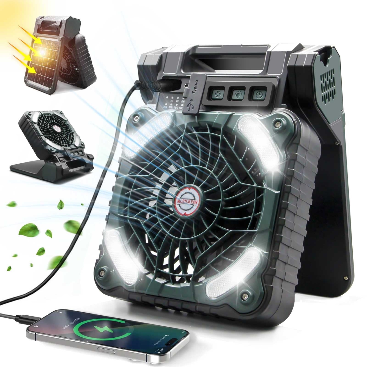 tek NT80509 10400mAh Battery Powered Solar Portable Quiet Camping Fan with LED Light, 4 Speed, 3 Timers & 90 deg Folding