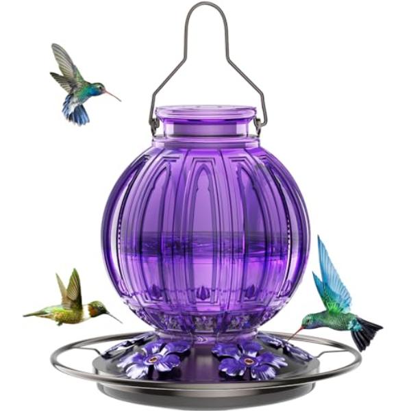 Picture of tek NT81801 Glass 26 oz Hummingbird Nectar Feeder with Perch & 5 Flower Feeding Ports for Outdoors Hanging&#44; Leak-Proof for Garden&#44; Backyard&#44; Gifts for Women Mom&#44; Purple