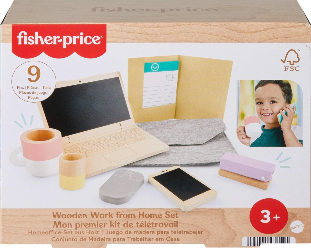 Picture of tek NT82410 Fisher-Price Wood Pretend Play Work from Home Set&#44; Office Playset with Wooden Toy Laptop & Phone for Preschool Kids Ages 3 Plus Years - 9 Piece