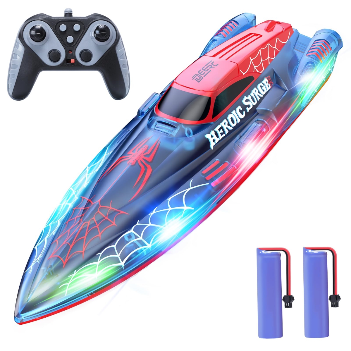 tek  DEERC 13 in. 2.4GHz RC Spider Boat with LED Lights & 2 Batteries - Remote Control Water Toy for Pools & Lakes, Summer Gift for Boys Ages 8-12