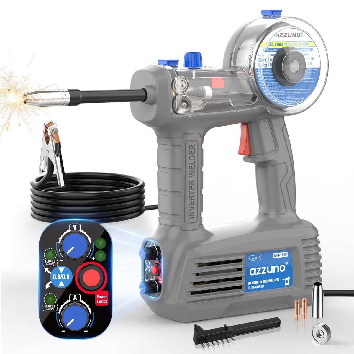 tek NT83130 UNO1RC AZZUNO 100Amp Handheld MIG Welder Machine, Gasless MIG Welder Machine, Portable Flux MIG Welding Machine 100V