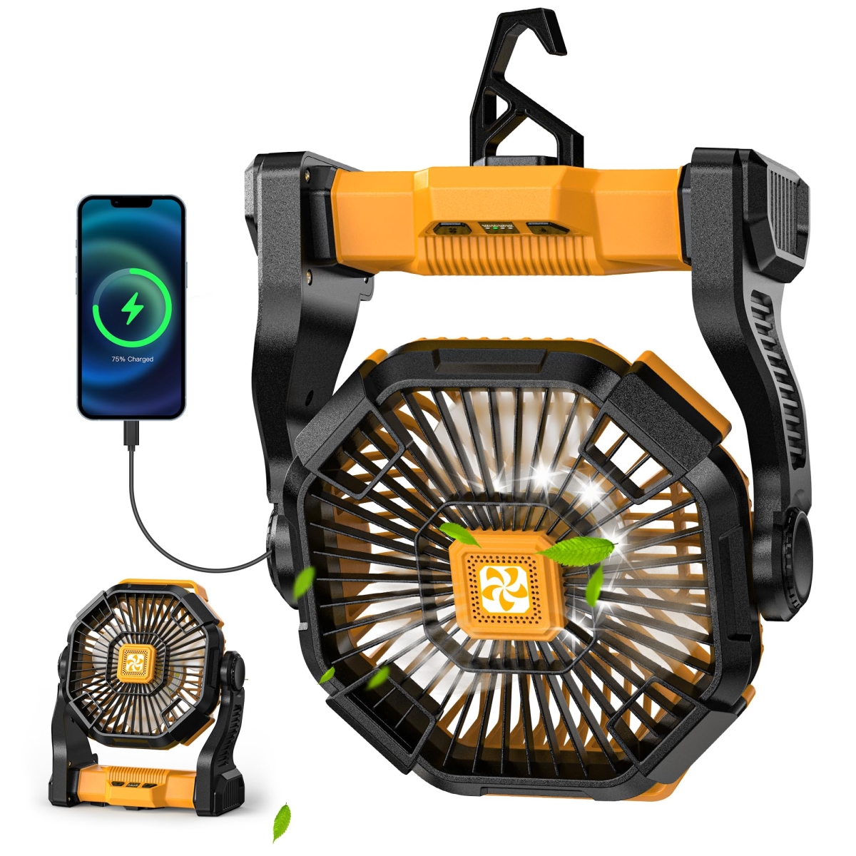 tek NT73778 20000mAh Rechargeable Portable Battery Powered Camping Fan with Light, Hook, Timer & Ventilador
