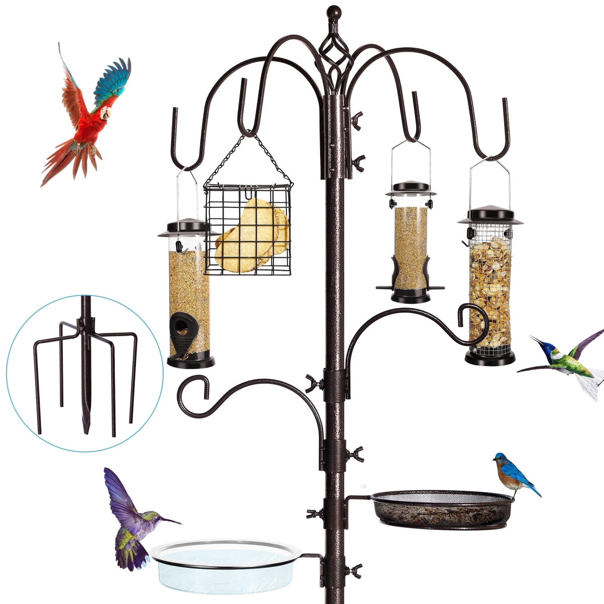 tek  94 in. 6-Hook Bird Feeding Station Kit Wild Bird Feeder Stand Pole, Multi-Feeder Kit Stand with 4 Bird Feeders, Bird Bath & Mesh Tray