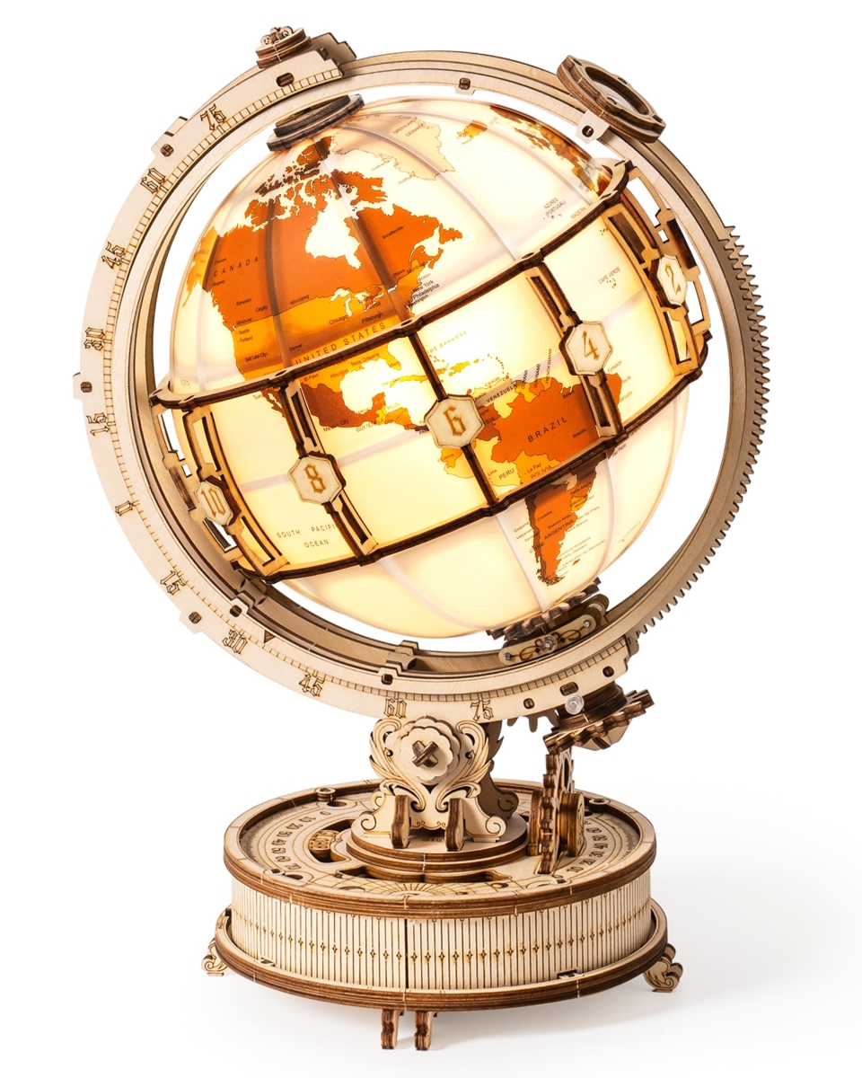 tek NT74488 ROBOTIME ST003 Luminous Globe Wooden 3D Puzzles with LED Light - Globe Model Building Kit for Adults & Teens