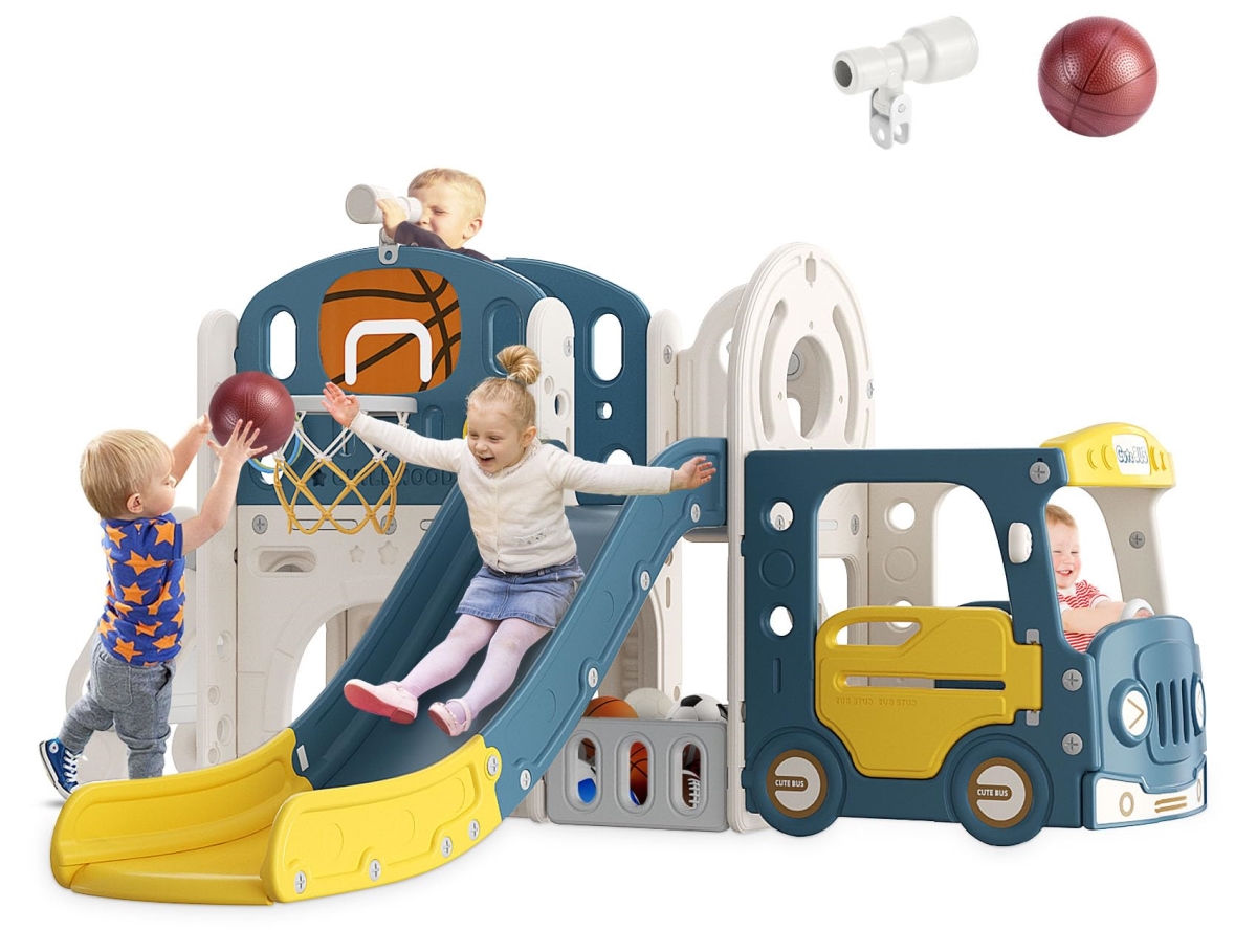 Picture of tek NT74930 BIERUM 10-in-1 Baby Slide with Ring Toss&#44; Basketball Hoop & Bus Play House&#44; Indoor Outdoor Playground Playset for Toddlers Age 1 Plus&#44; Blue & Yellow