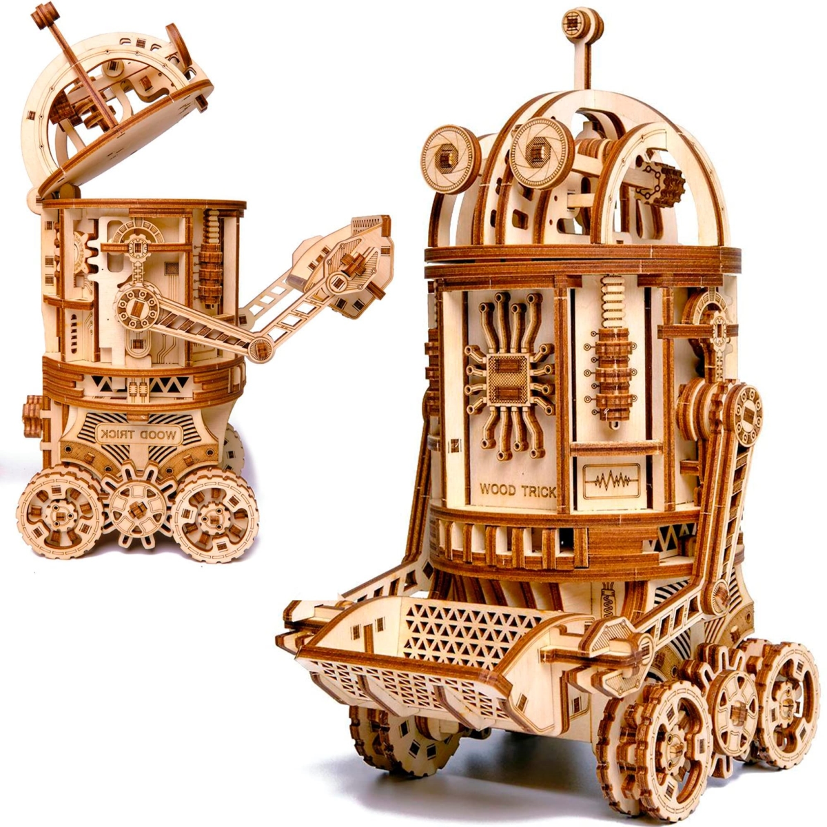 tek NT74988 9.5 x 6.7 in. Wood Trick Space Junk Robot 3D Mechanical Wooden Puzzle Kit for Adults & Kids, Fun to Build DIY Model Rides Up to 13 ft.