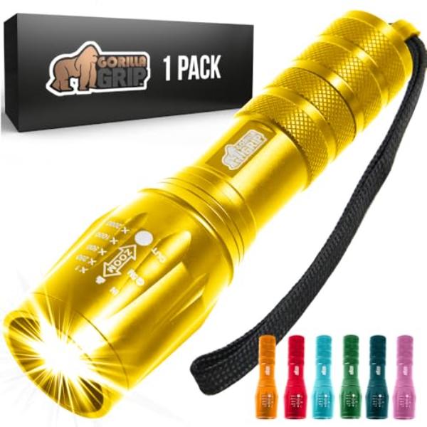 tek NT75382 750 ft. Gorilla Grip Powerful LED High Lumens 5 Adjustable Modes Water Resistant Ultra Bright Zoom Tactical Flashlight, Gold