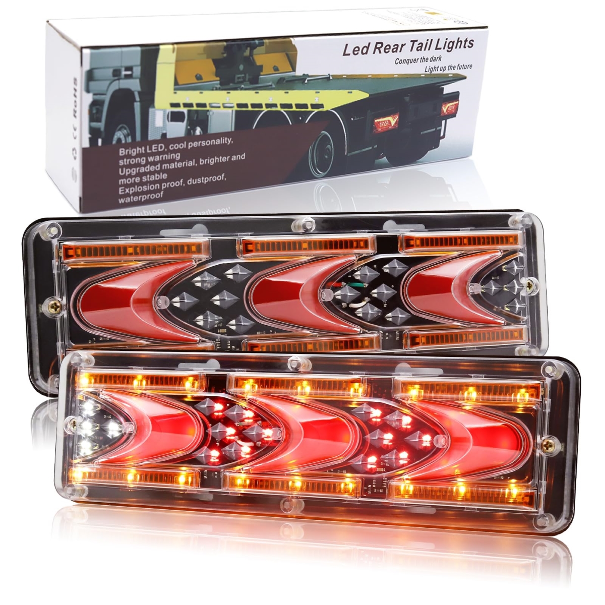 tek NT75555 LED 24V Reverse Tail Lights with Turn Signal for Trailer Flatbed Trucks, Tractor, Camper - Amber, White & Red