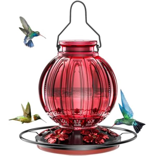 Picture of tek NT75935 Glass 26 oz Hummingbird Nectar Feeder with Perch & 5 Flower Feeding Ports for Outdoors Hanging&#44; Leak-Proof for Garden&#44; Backyard&#44; Gifts for Women Mom&#44; Red