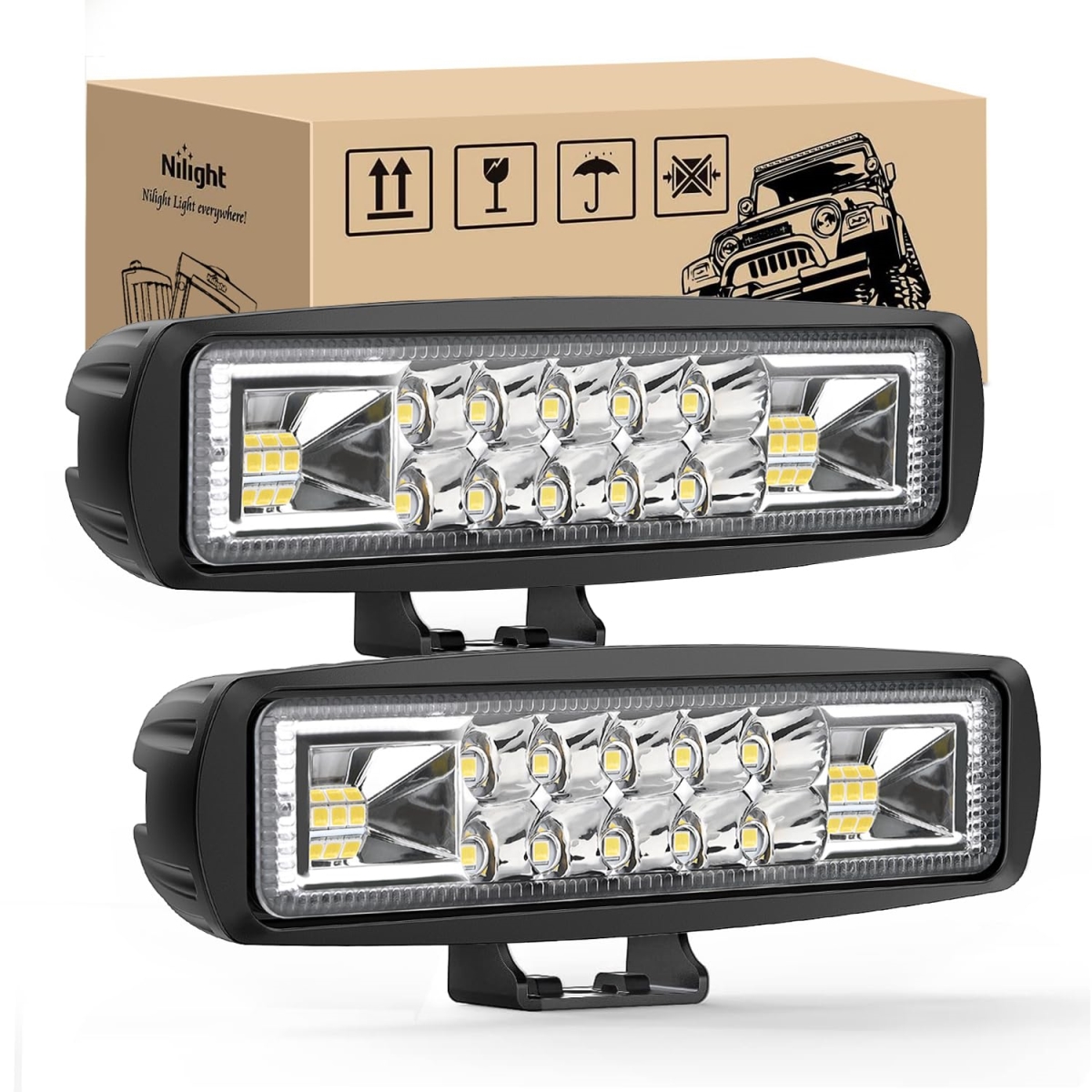 tek NT76814 6 in. Nilight 60W 12-24V LED Pods Flood Spot Beam Combo Driving Fog Off Road Light Bar for UTV - 2 Piece
