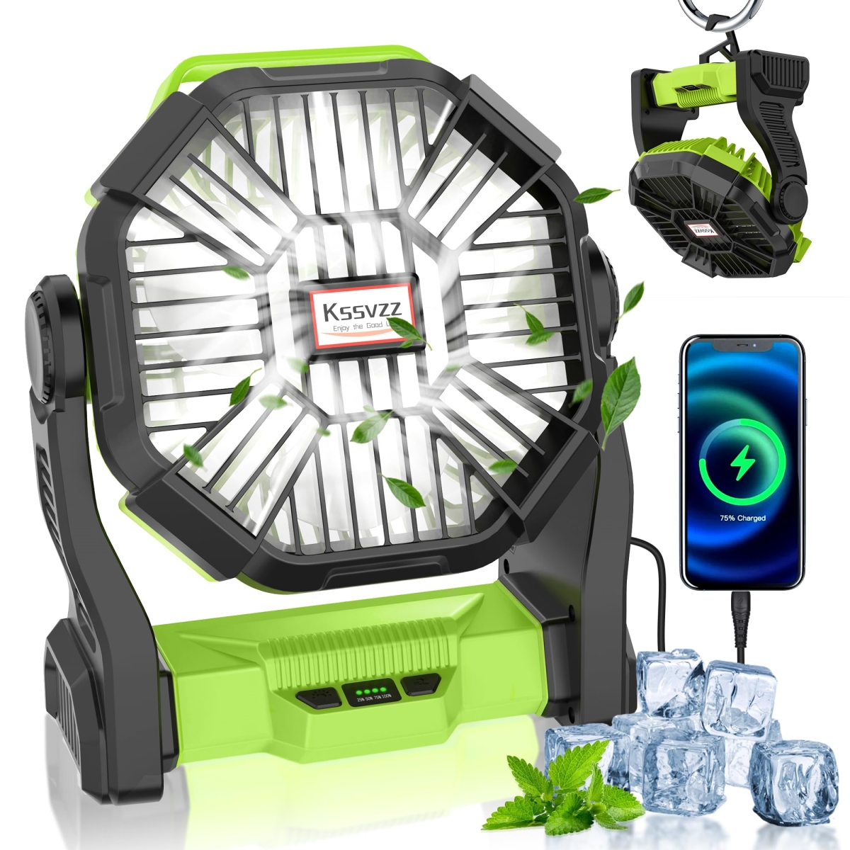 tek NT76817 Cordless Rechargeable 32 Hours Battery Powered Portable Camping Fan with LED Lantern, 270 deg Pivot & 4 Speed for Travel - Green