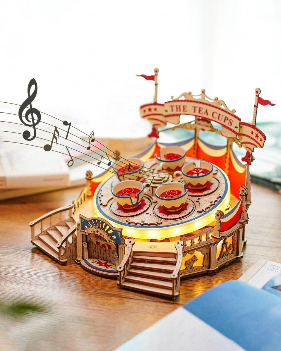 tek NT77755 ROKR 3D Puzzles Tilt-A-Whirl DIY Wooden Music Box Building Model Kit with LED Lights for Teens & Adults Birthday Gift - 280 Piece