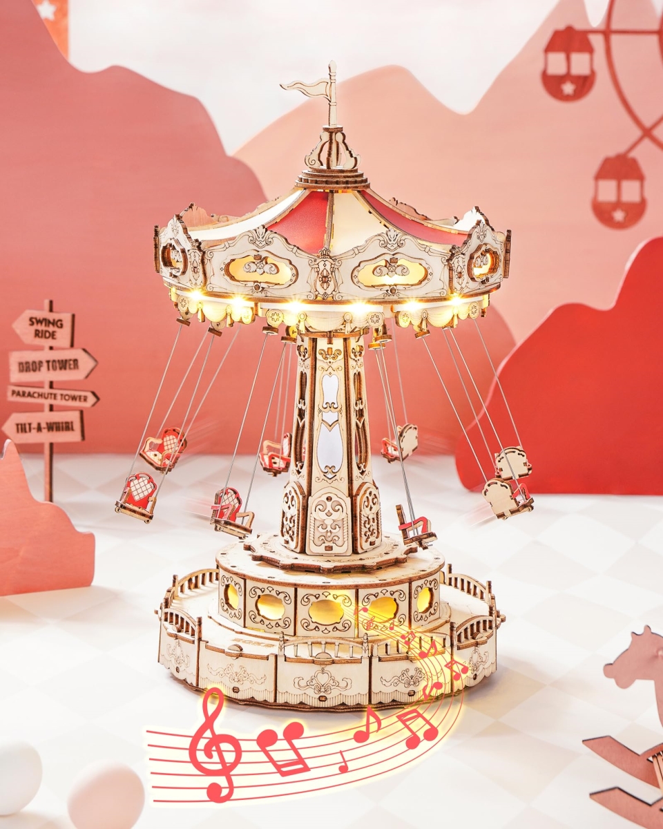 tek  ROKR 3D Puzzles Wooden Music Box Kit with LED, Rotating Swing Ride Mechanical Model DIY Wood Craft Hobbies Kit for Adults, Boys & Girls