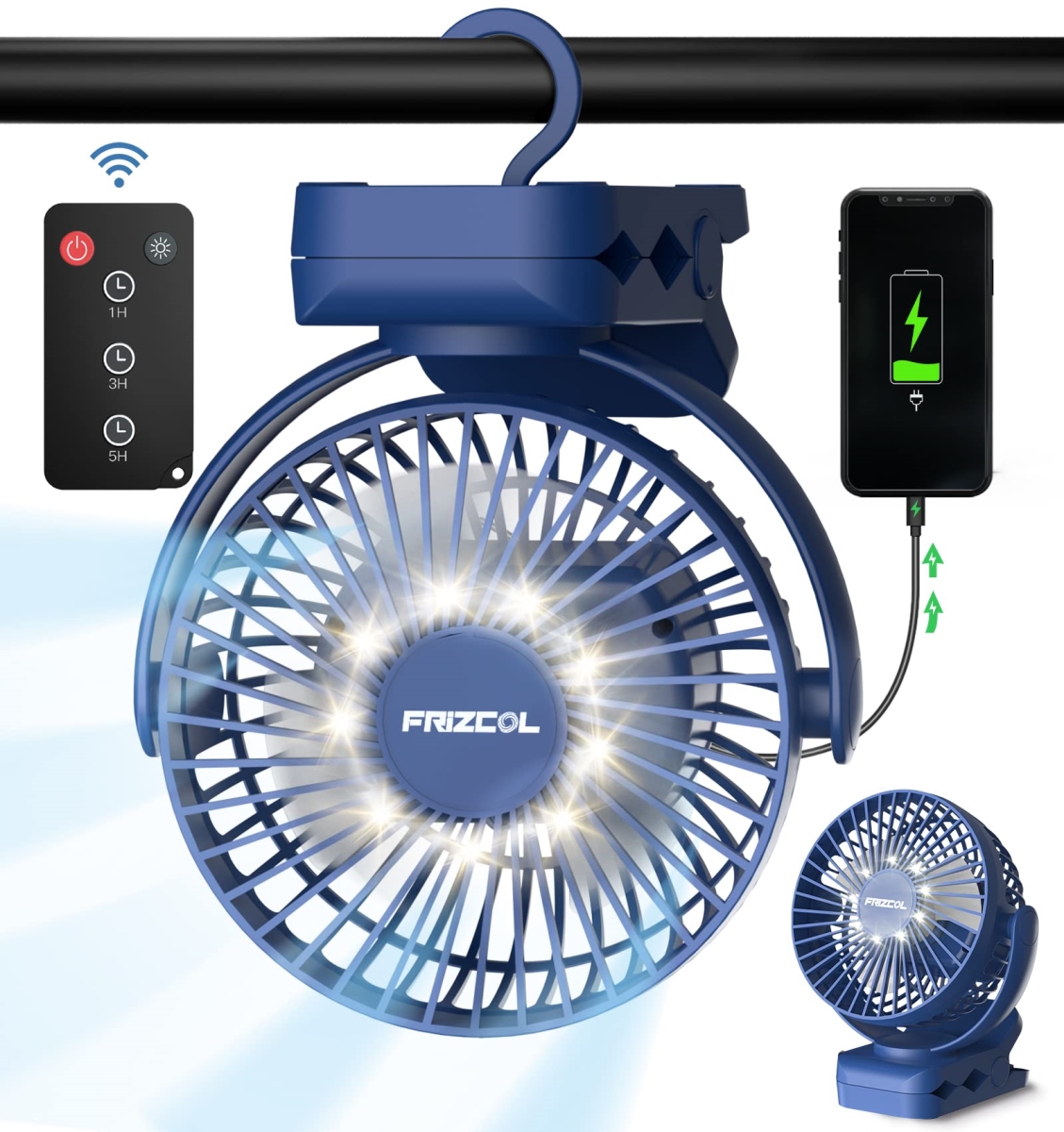 tek NT78119 12000 Capacity Battery Operated USB Rechargeable & Portable Camping Fan with LED Lights, Hook, 65 Working Hours & Clamp for Tent