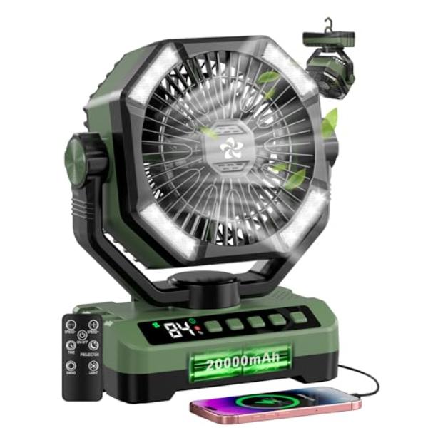 tek NT78195 20000mAh Battery Powered Rechargeable Camping Fan with Starlight, 5 Speed, LED, Hook, Remote Control & Timer