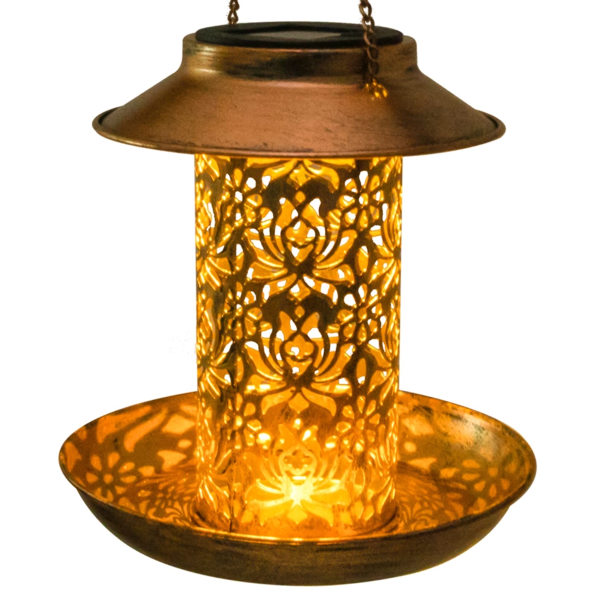 tek  Solar Hanging Bird Feeder & House with Decorative Metal Panels & Light for Feeding Wild Birds, Gift for Outdoors Garden Backyard Decoration