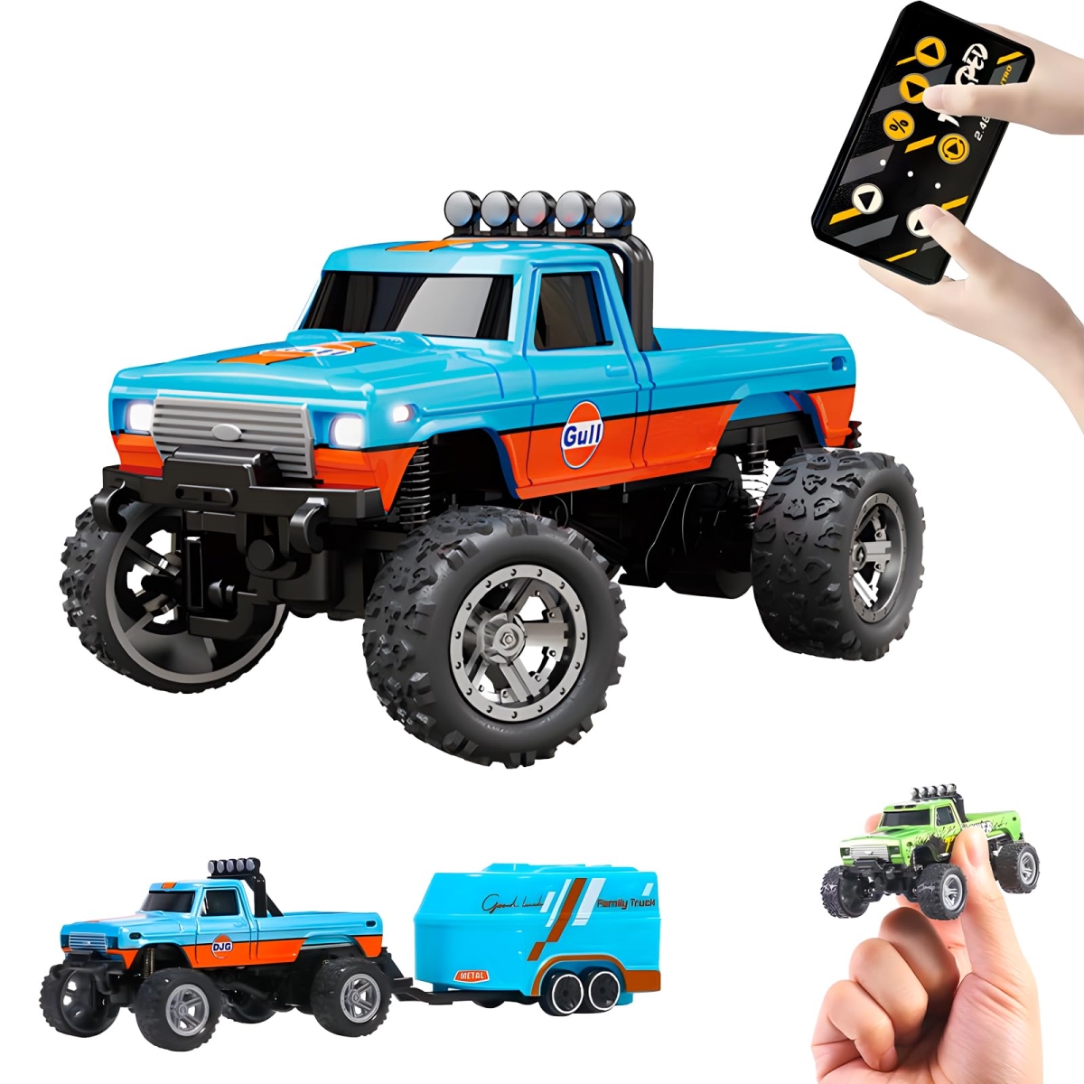 tek NT74733 1-64 Scale 2.4GHz Mini Alloy Monster Remote Control RC Truck with Lights, Trailer, Speed & Steering Adjustable, Blue