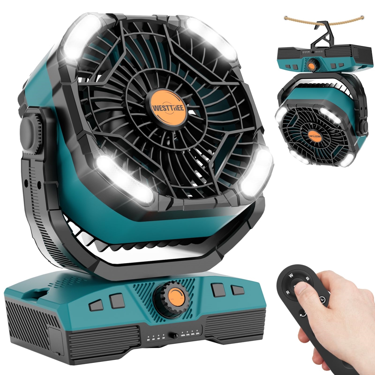 tek NT75646 20000mAh Oscillating Battery Powered Portable Rechargeable Camping Fan with Light, Hook, 270 deg Pivot, Cyan