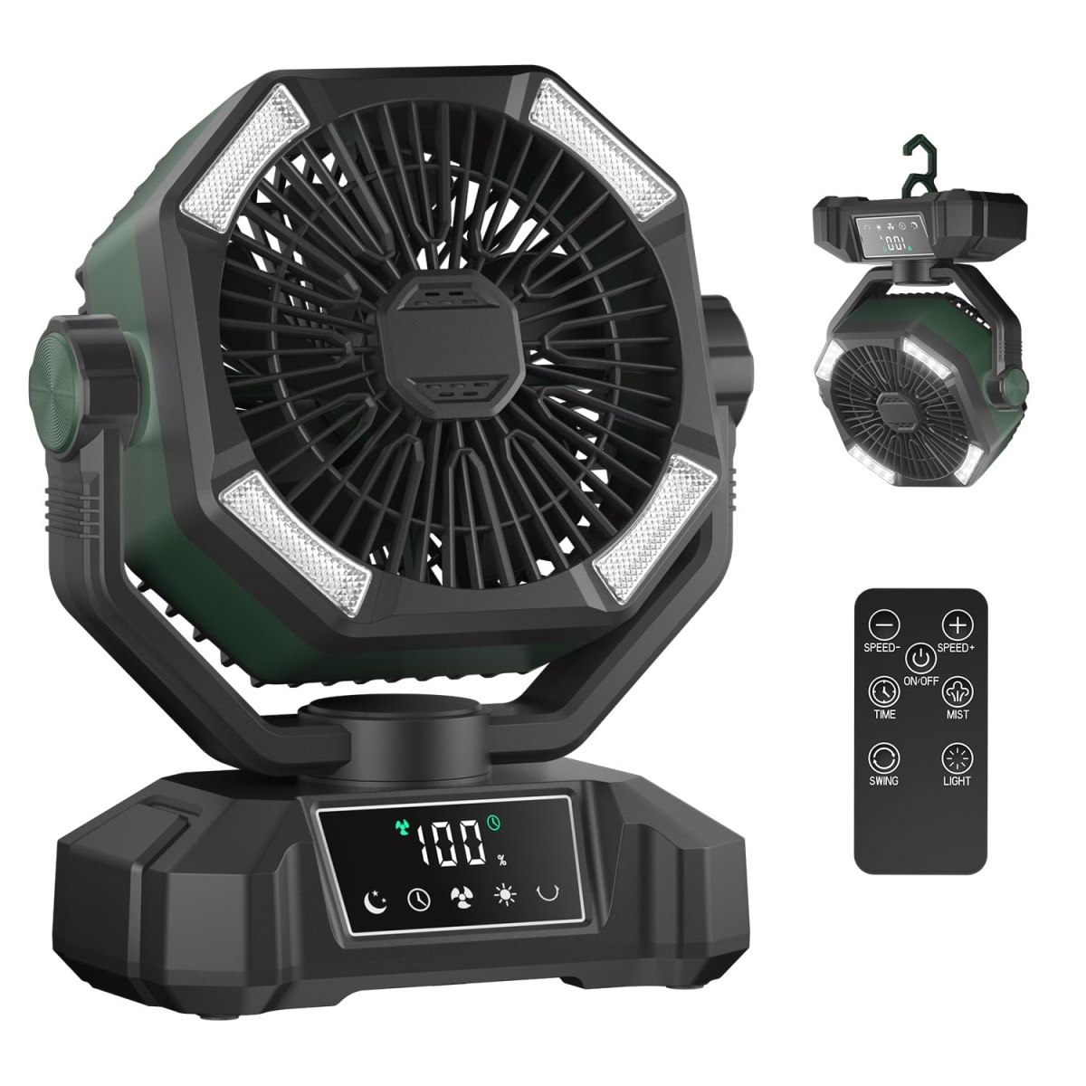 tek  20000mAh USB-C Fast Charging & Oscillating Rechargeable Portable Battery Powered Camping Fan with LED Lantern Light & Remote - Forest Green