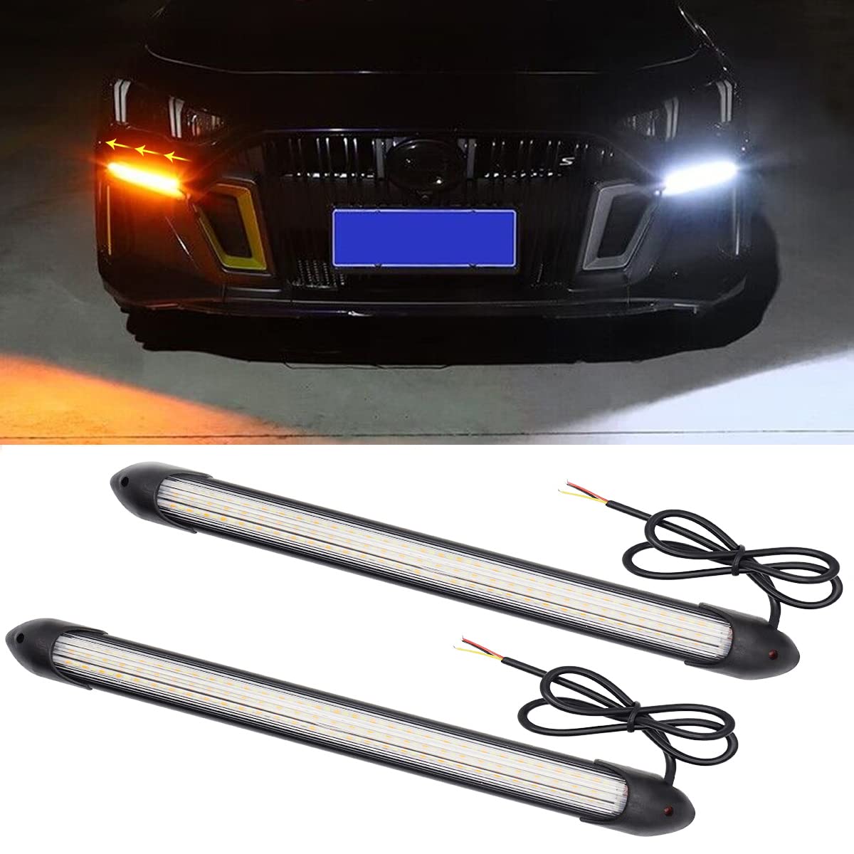 tek NT76761 9.25 in. Exterior Car Flexible Daytime Running Waterproof Auto Headlight Sequential White Turn Signal Yellow LED Light Strip - 2 Piece